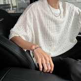 Hearujoy White O-neck Pleated Stripe T-shirt for Men Vintage Large Size Breathable Soft Short Sleeved T-shirt Summer Loose Casual Tops